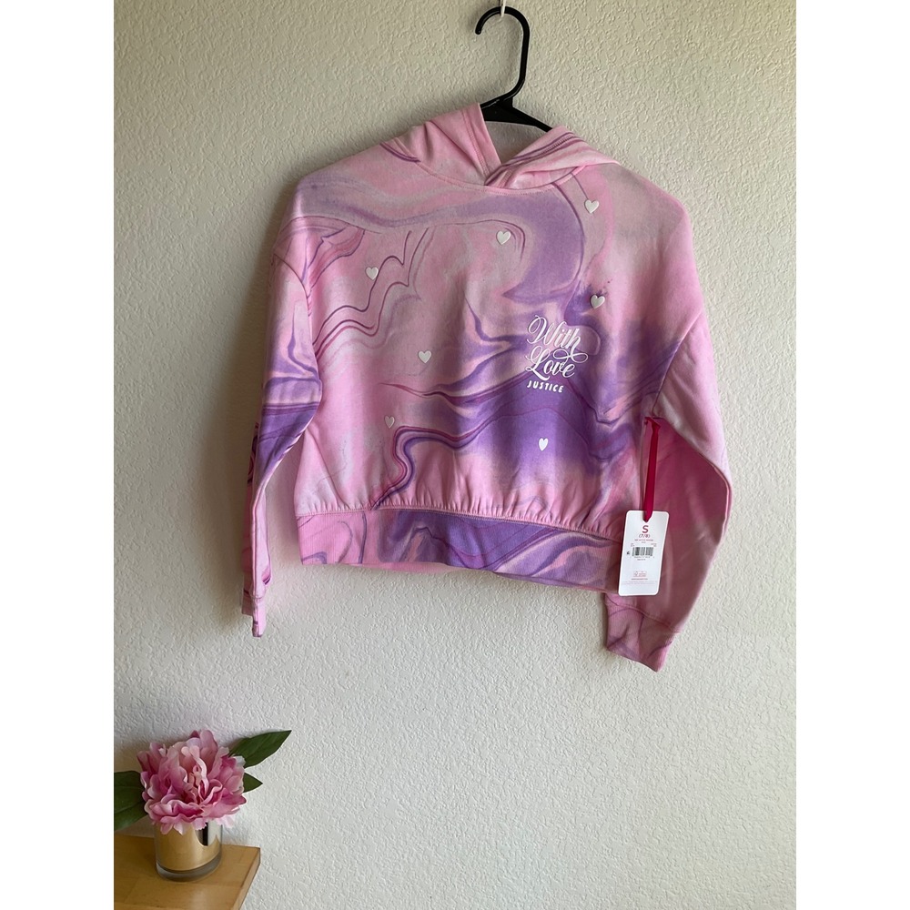 Justice Girls Pink Purple Marble Swirl Hoodie With Love Hearts Size S 7/8‎ NWT